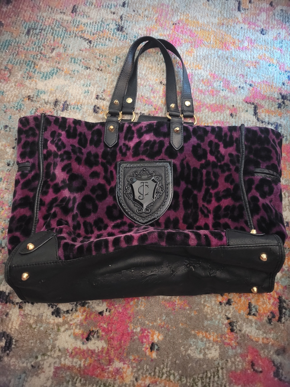 Juicy Couture Purple Leopard-Print Tote with Black Trim & Gold Hardware